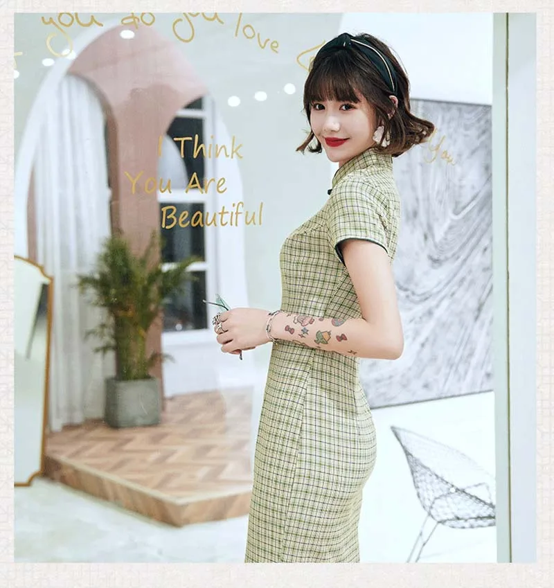 Женское платье Ципао зеленое хлопковое облегающее в клетку вечерние короткие