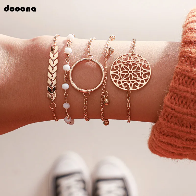 Docona простой золотой полый цветок круглый лист многослойный браслет для женщин
