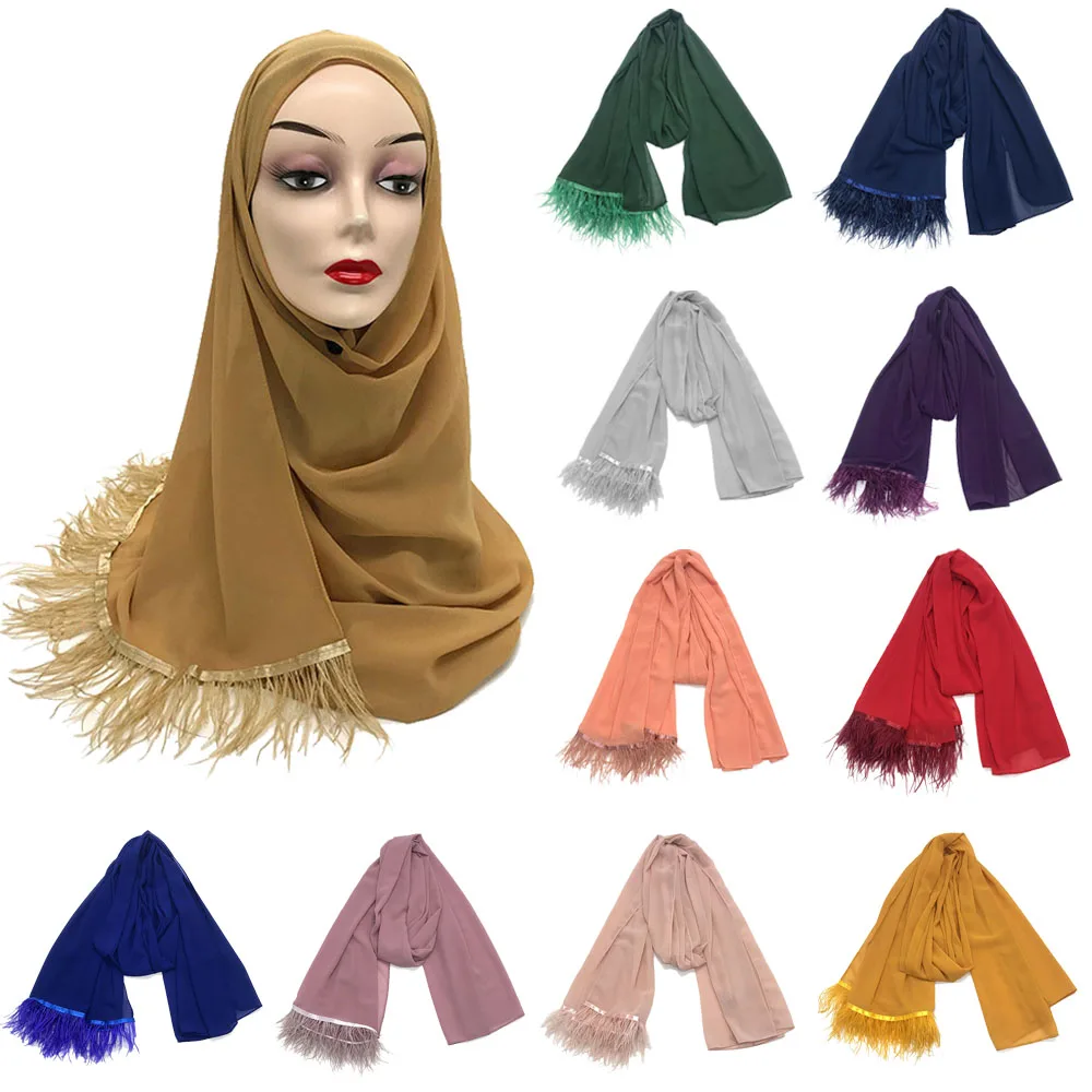 

Шифоновый хиджаб с перьями, шарф, Женские однотонные шали с кисточками, большой размер, шарфы-повязки Cappa Wraps, бандана, исламский фуляр