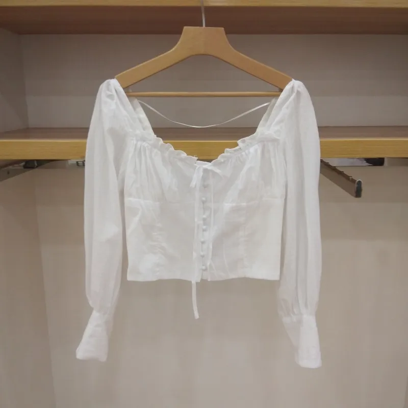 Романтичный белый кроп Топ 2019 Женский Осенний сексуальный открытый длинный