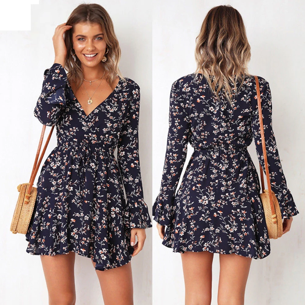 

Women Autumn Long Sleeve Sexy Mini Dresses Flower Ladies Casual V-Neck Short Summer Dresses 2020