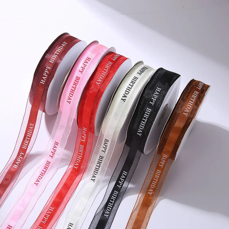 

50 yards 2.5cm Letter Ribbon Lace Print Birthday Cake Ribbon Gift Packaging Polyester Printing Ribbon Wholesale