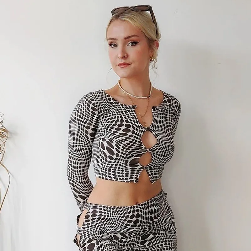 

Привлекательная коричневая Лоскутная облегающая женская футболка с длинным рукавом, ажурные повседневные женские топы, уличная одежда, ос...