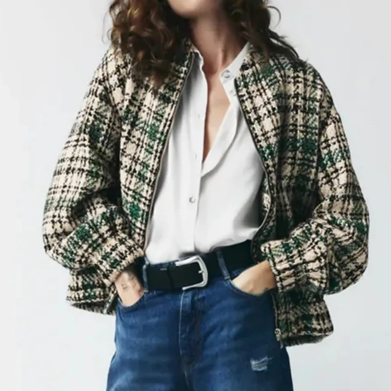 

Женская куртка-бомбер, Зеленый Клетчатый Топ с длинным рукавом, повседневное пальто на молнии с карманами, винтажная модная женская куртка, ...
