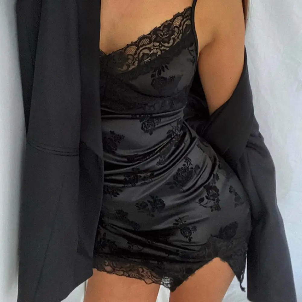 

Mini Sling Dress Lace Trim Sleeveless Women Floral Print Bodycon Streetwear for Party