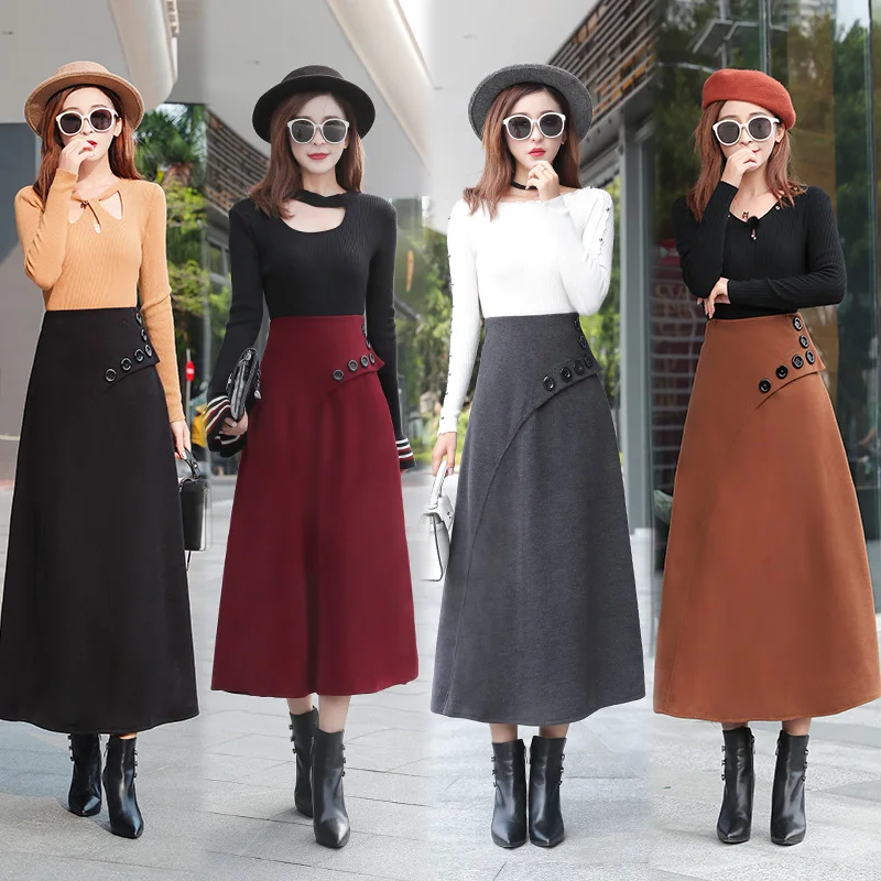 Женская теплая шерстяная длинная юбка с высокой талией и пуговицами модная