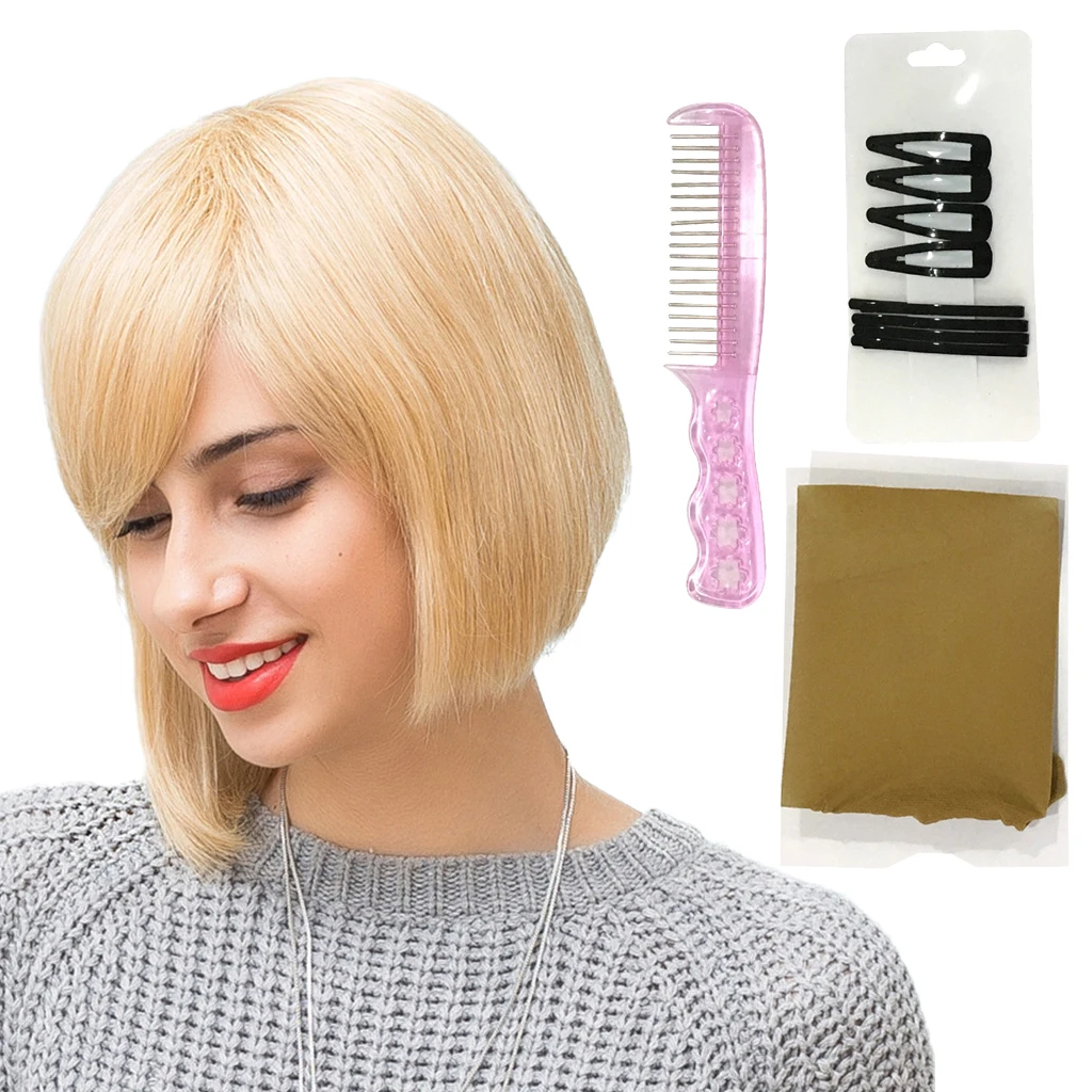 Blonde Side Part Women Short Straight Bob Wig with Bangs Human Hair 14'' |