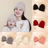 infant baby boy girl mom winter knit warm soft beanie hat solid color elastic cap for adult children family matching caps hats