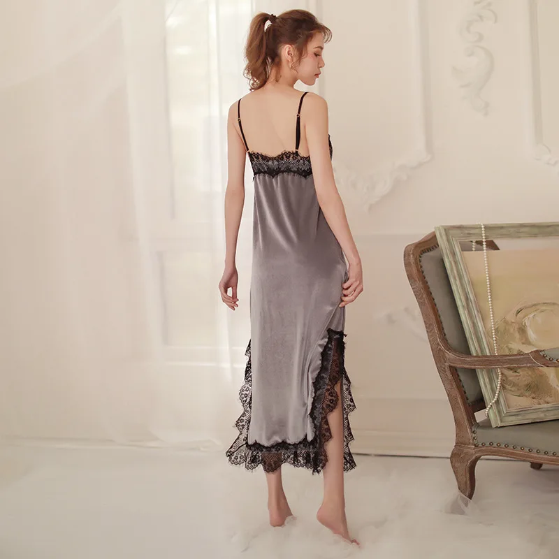 Ночная рубашка с золотистым бархатным ремешком элегантная кружевная ночная