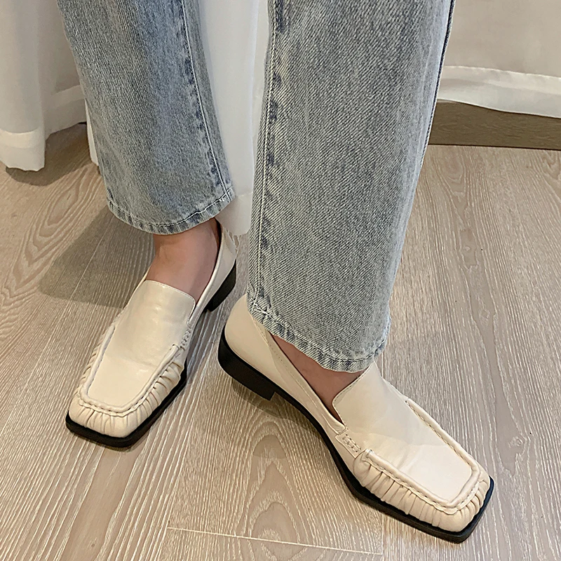 

2022 Quality Sheepskin Retro Square Toe Ladies Pumps Comfort Square Low Heels Concise Slip on Women Single Shoes Size 34-39