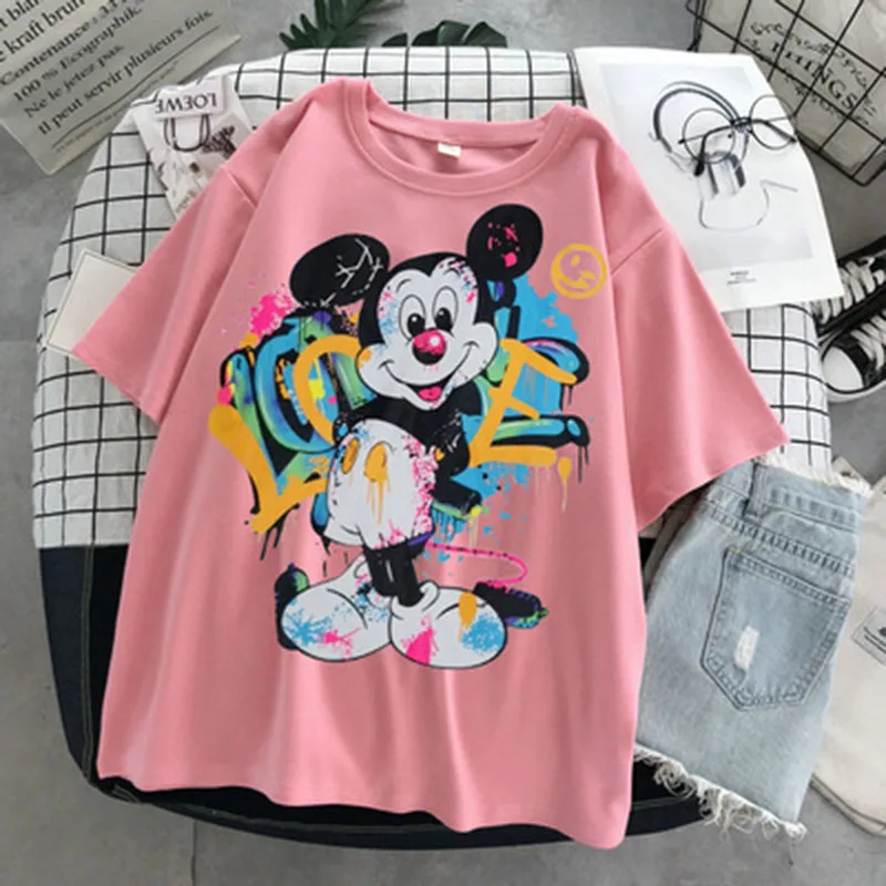 

Летняя футболка для девочек из синтетического материала Disney, топы, роскошная дизайнерская футболка, женская футболка с мультяшным принтом ...