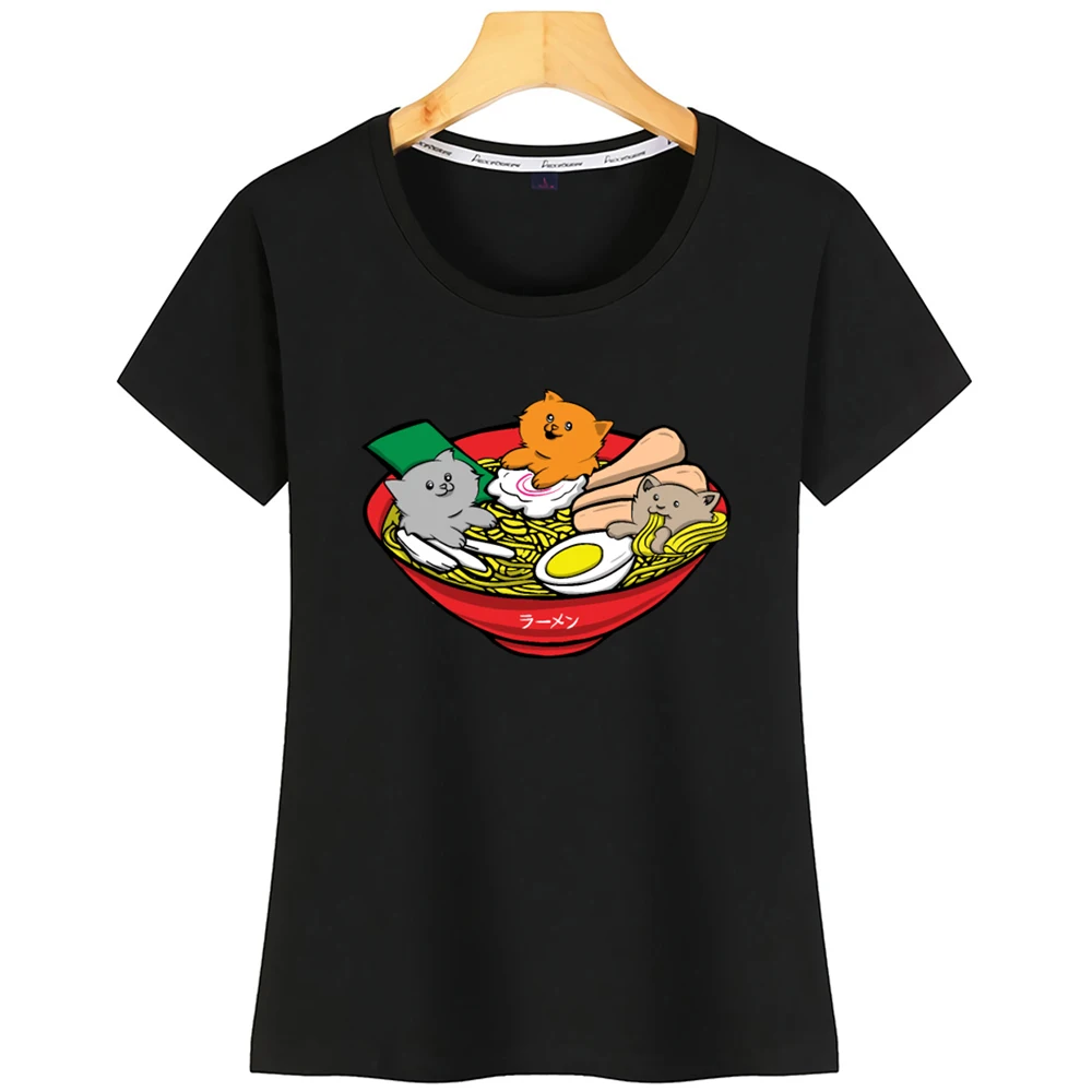 

Футболка женская хлопковая, милая, для косплея, с принтом рамен, кошек, манга, смешная, в стиле Харадзюку
