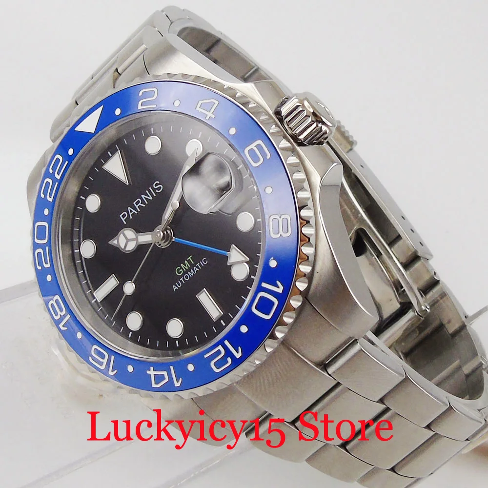 

PARNIS 40mm Self Winding Men Watch Top Brand GMT Black Dial Blue Bezel Insert Automatic Movement Stainless Steel Bracelet
