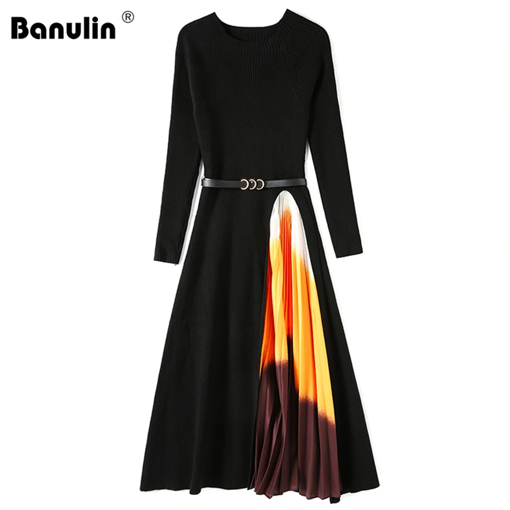 

2020 Autumn Winter New Women Gradient Color Stitching Knitted Warm Sweater Dress Female Long Sleeve Ol Midi Pleated Dress