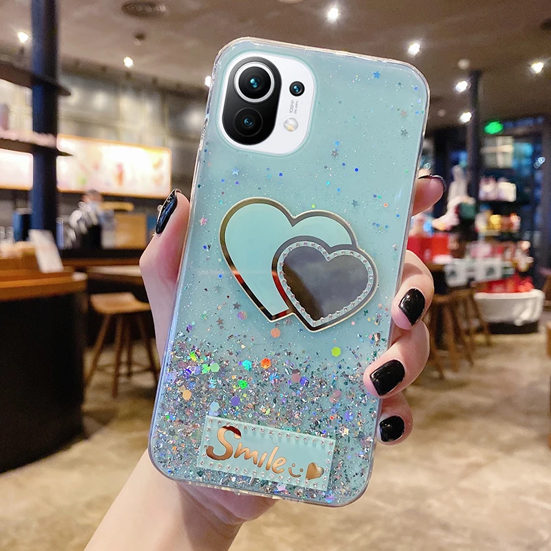 

Luxury Cute Bling Glitter Silicone Phone Case For Xiaomi Mi 11 10 9 T Lite Redmi Note 9 8 7 Ultra-thin Heart-shaped Mirror Cover