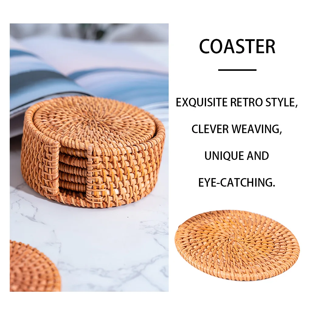 

6pcs Rattan Coaster Antislip Table Placemat Heat-Resistant Retro Decorative Cup Holder for Home Office