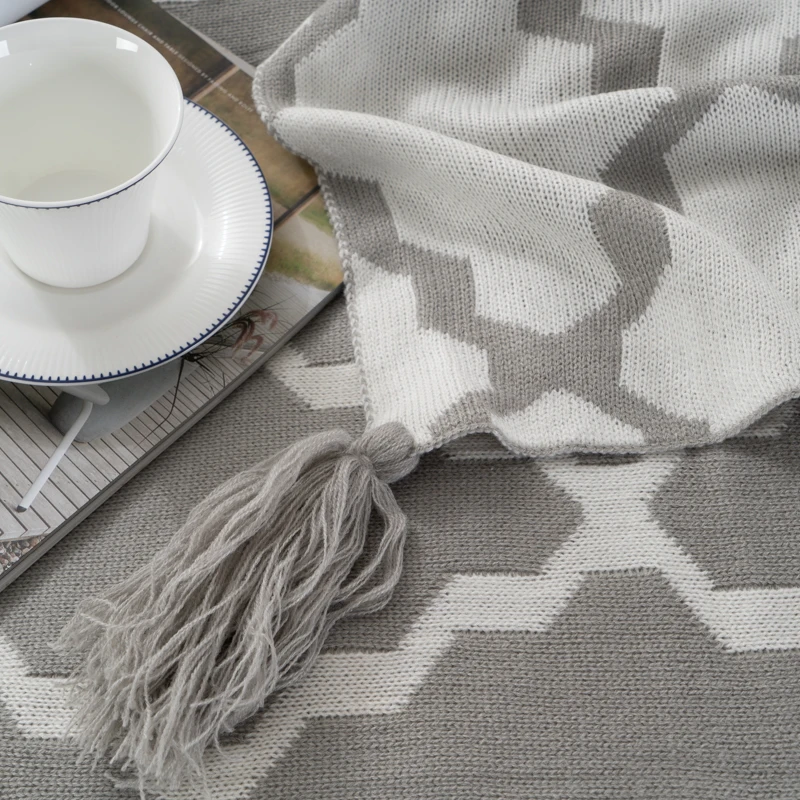 Мягкое вязаное пледовое одеяло с геометрическим узором и кисточкой 50 дюймов на 60
