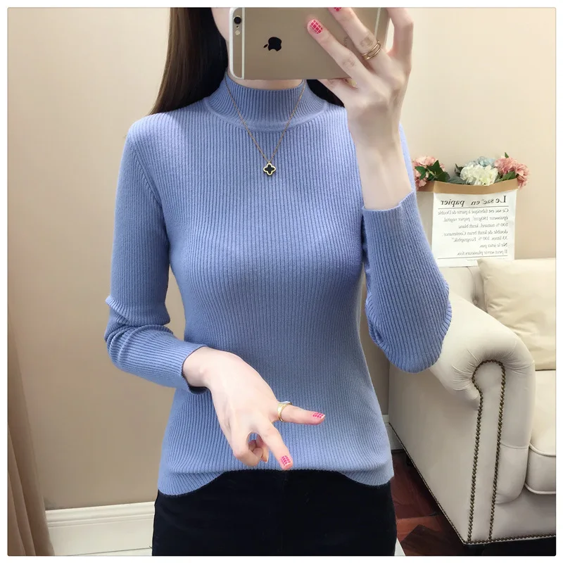 

2021 Woman Sweaters Autumn Winter Casual Half Turtleneck Long Sleeve Pullover Knitted Elegant Slim Fit Basic Sweater Women