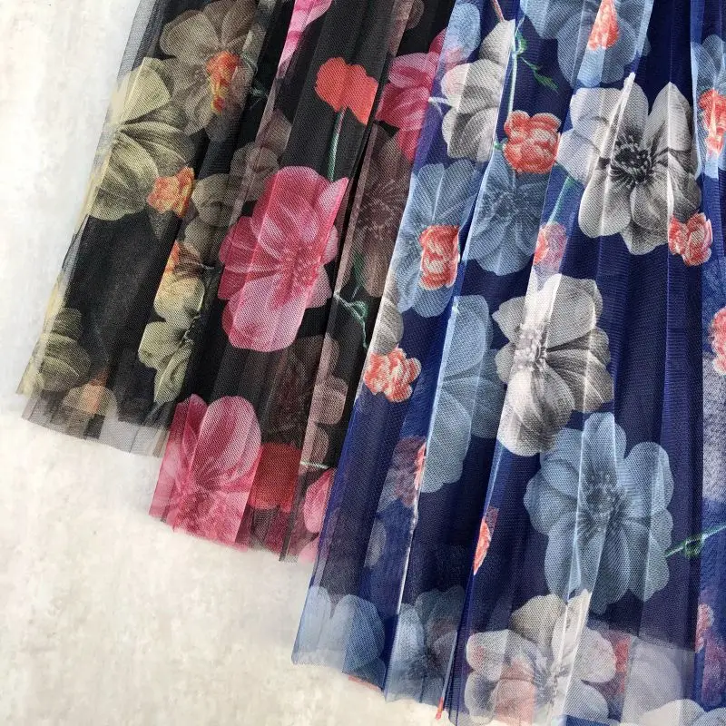 

Spring and Summer Lengthened Skirt, Mesh Skirt, Flower and Ankle Long Pleated Skirt, High Waist Skirt