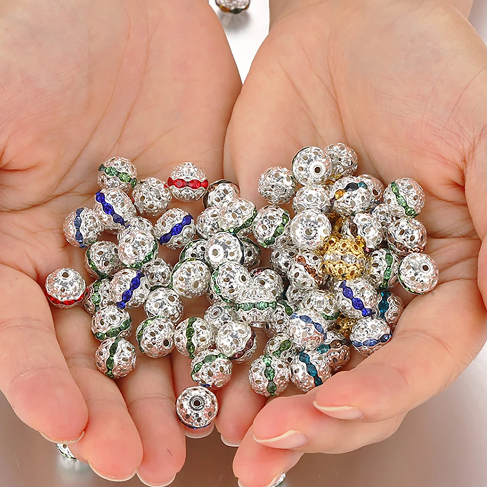 

50pcs Multicolor AB Rhinestone Balls Silver Crystal Loose Spacer Round Beads for Jewelry Making DIY Bracelet Accessories 8/10mm