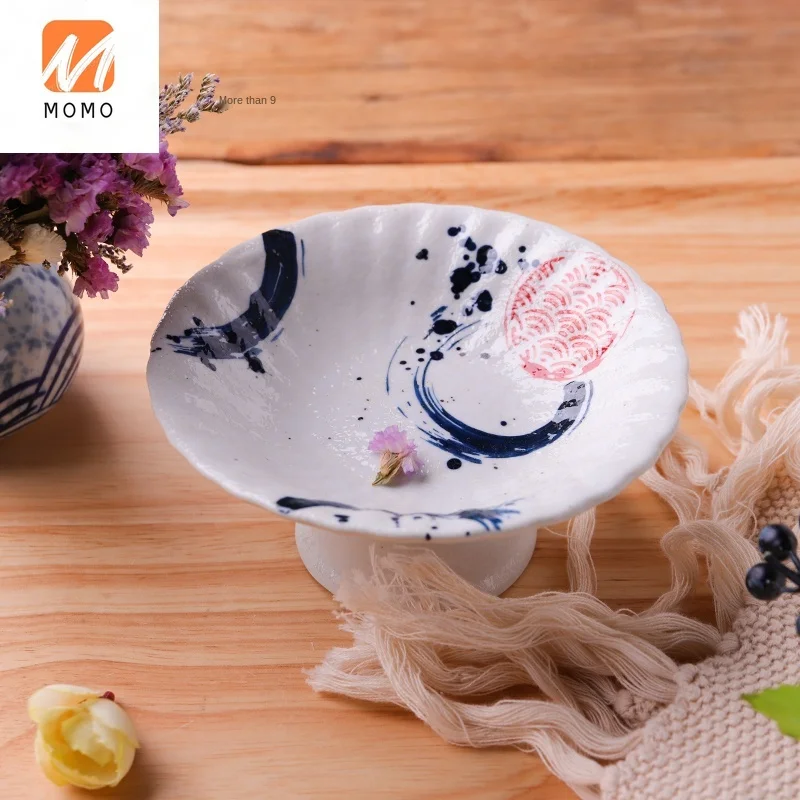 

Japanese Ceramic Tableware High Leg Side Dish Dish Retro Hand-Painted Japanese High Leg Octopus Plate Front Dish