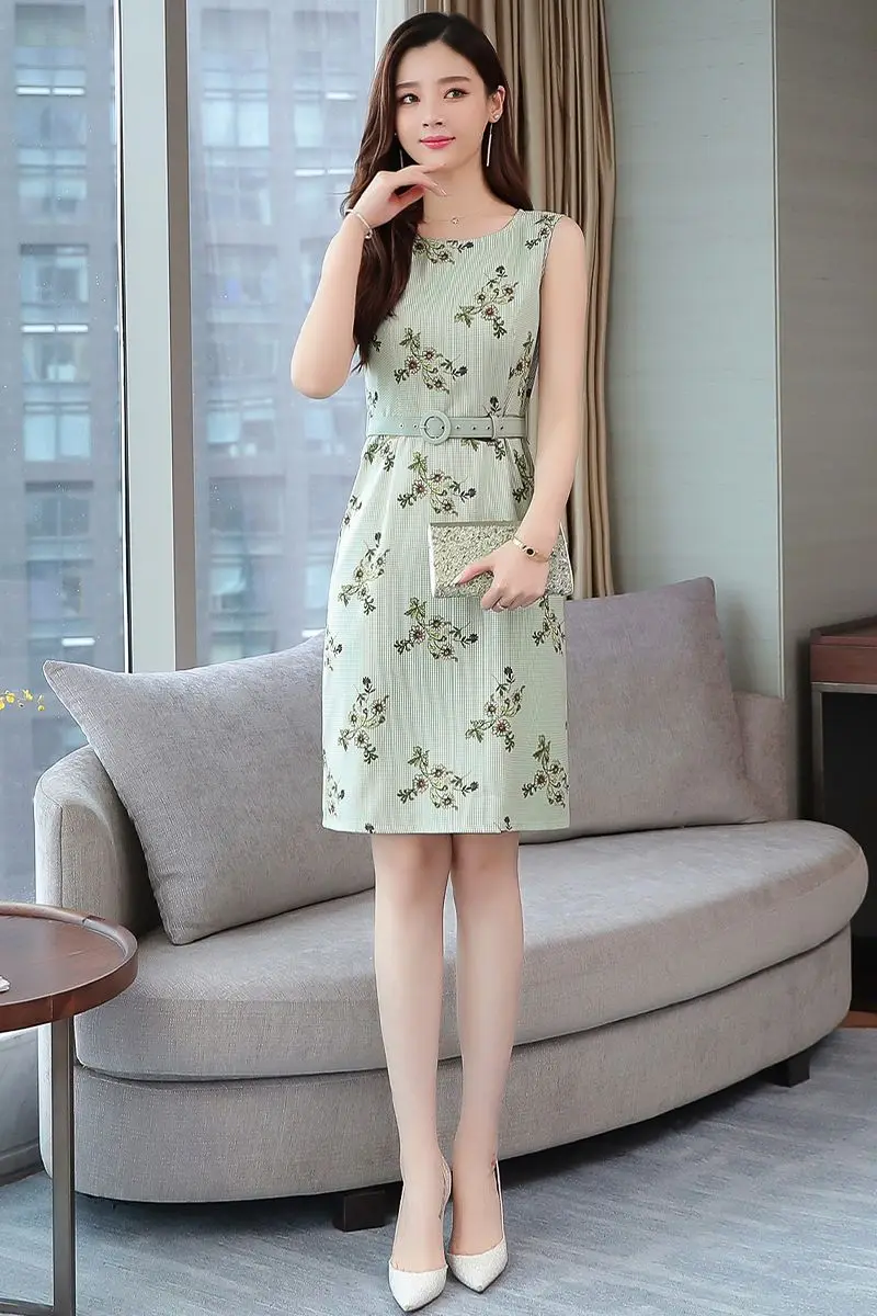 

COIGARSAM Sleeveless Women dress New Summer Floral Print Dresses Green 8953