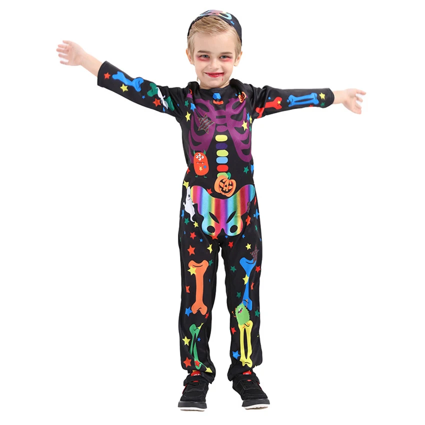 

Children Halloween Cosplay Costume Colorful Skeleton Jumpsuit Full Sleeve Scary Carnival Party Wear Boy Girl Skull Ghost Romper