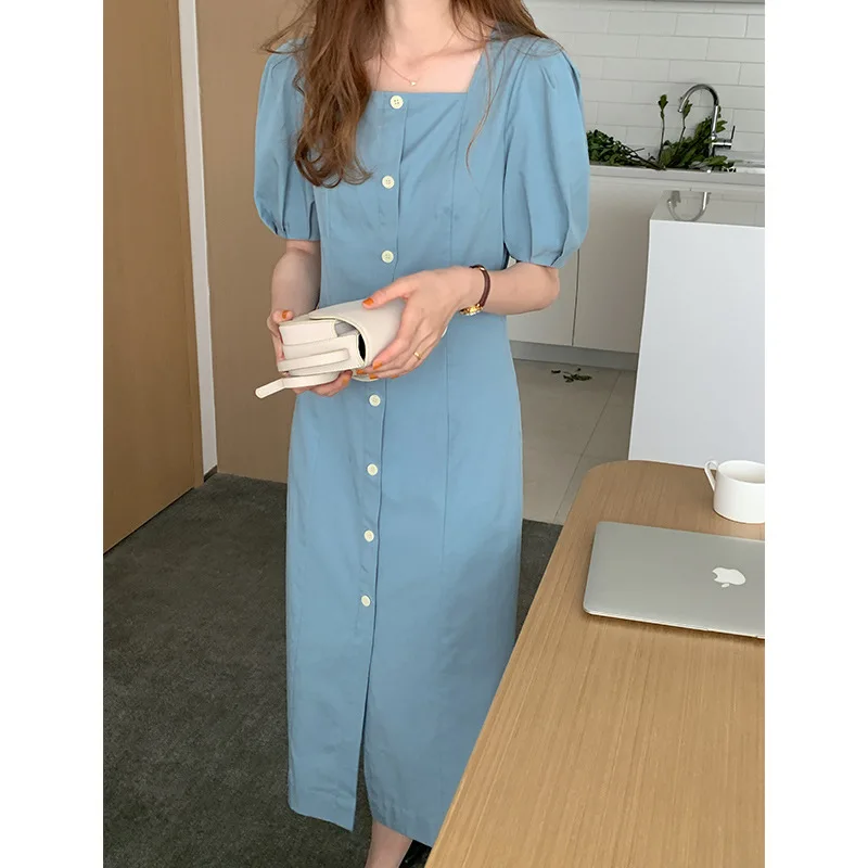 

2021 Summer New French Lantern Sleeve Dress Solid Color Temperament Square Neck Waist Single Sreasted Long Skirt Female