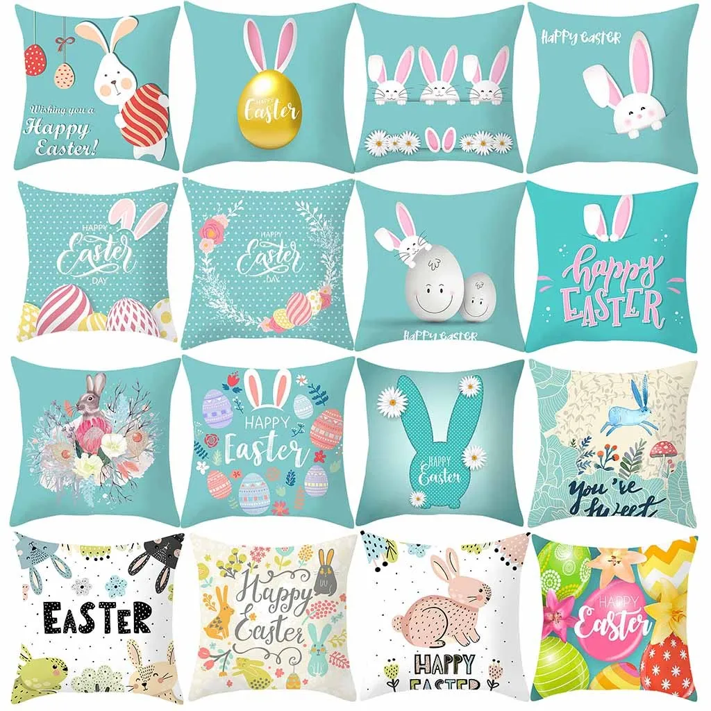 Happy Easter Cushion Cover Cartoon Rabbit Bunny Egg Print Throw Pillow Polyester Case Sofa Bed Decorative |