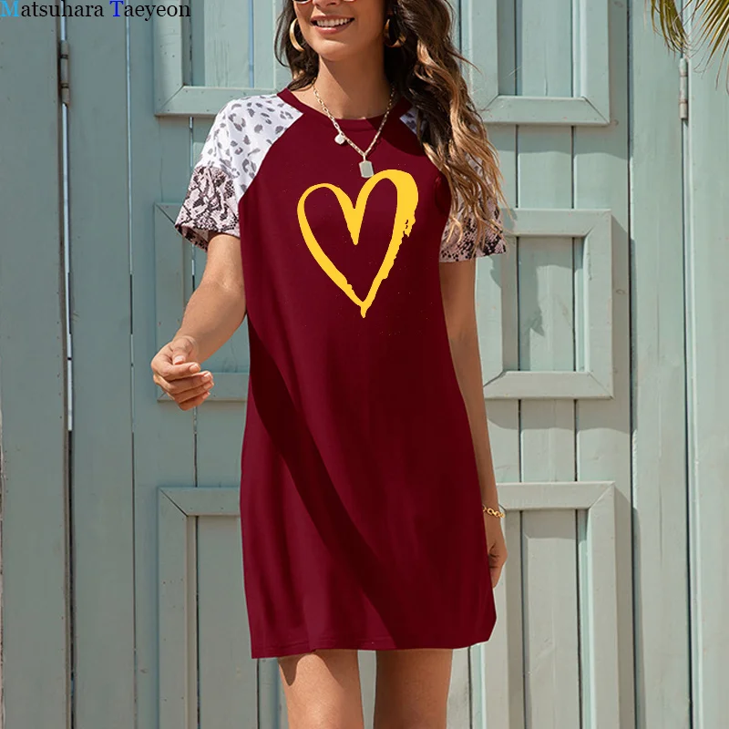 

Women Casual Loose Dress Leopard Pockets Fashion O Neck Short Sleeve Love Print Female Street Plus Size T-shirt Dress