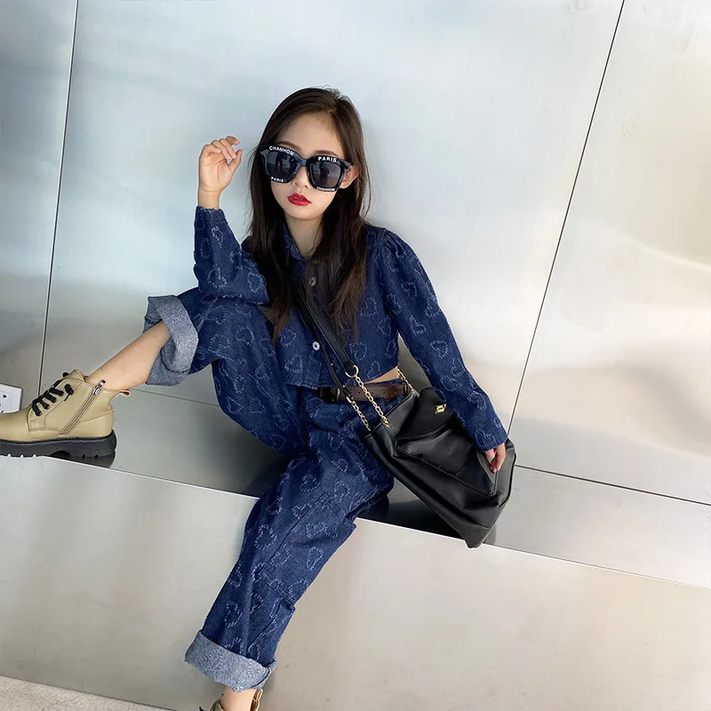 Джинсовый костюм для девочек Новинка осени 2021 короткая куртка в гонконгском