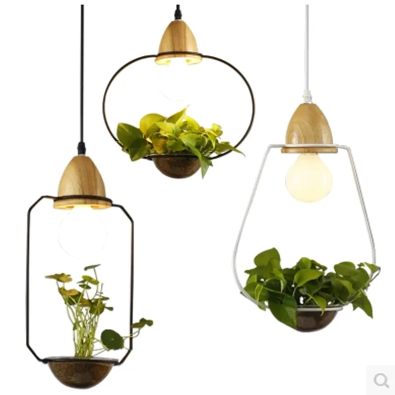 

A Originality Modern Pendant Light E27 Holder Hanging Plant Pot Pendant Lamp Wood Iron Glass Droplight For Restaurant Bar Cafe