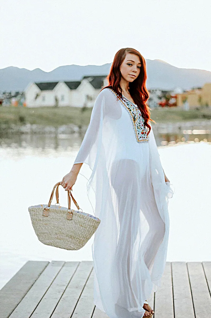 Fitshinling Embroidered Chiffon Long Dress Swimwear Flare Sleeve Sexy Hot White Beach Maxi Dresses Women Holiday Boho Vestidos | Женская