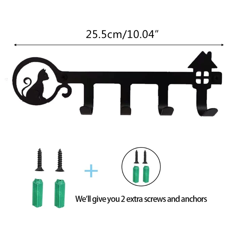 

Wall Mounted Key Holder 4 Hooks Hanging Rack Cute Cat Decorative with Screws Anchors for Coat Clothes Towel Hat Handbag Organize