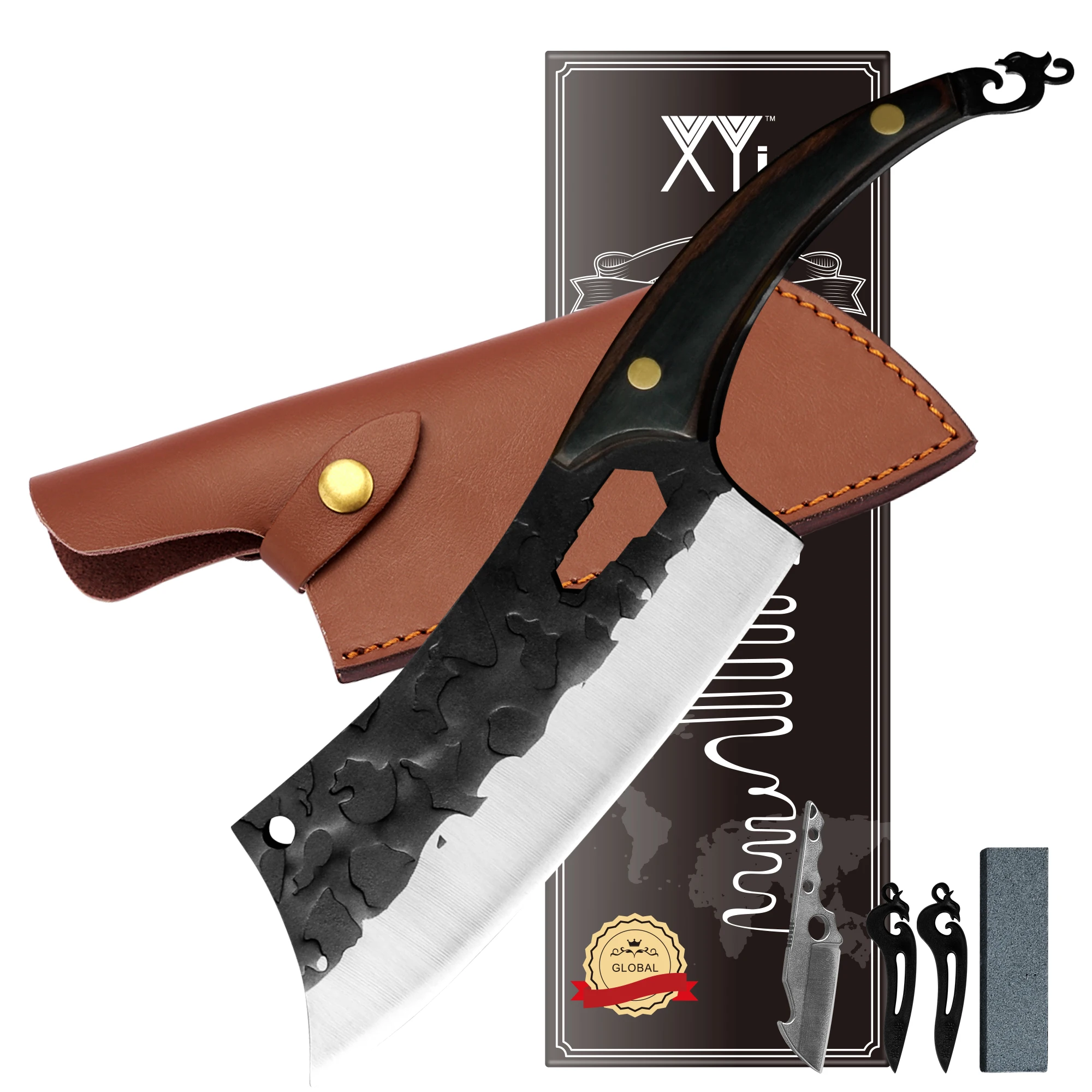 

XYj 7 Inch Tactical Chef Knife Stainless Steel Knife Set Full Tang Meat Fish Cleaver Wood Handle Meat Slicer With Leather Sheath