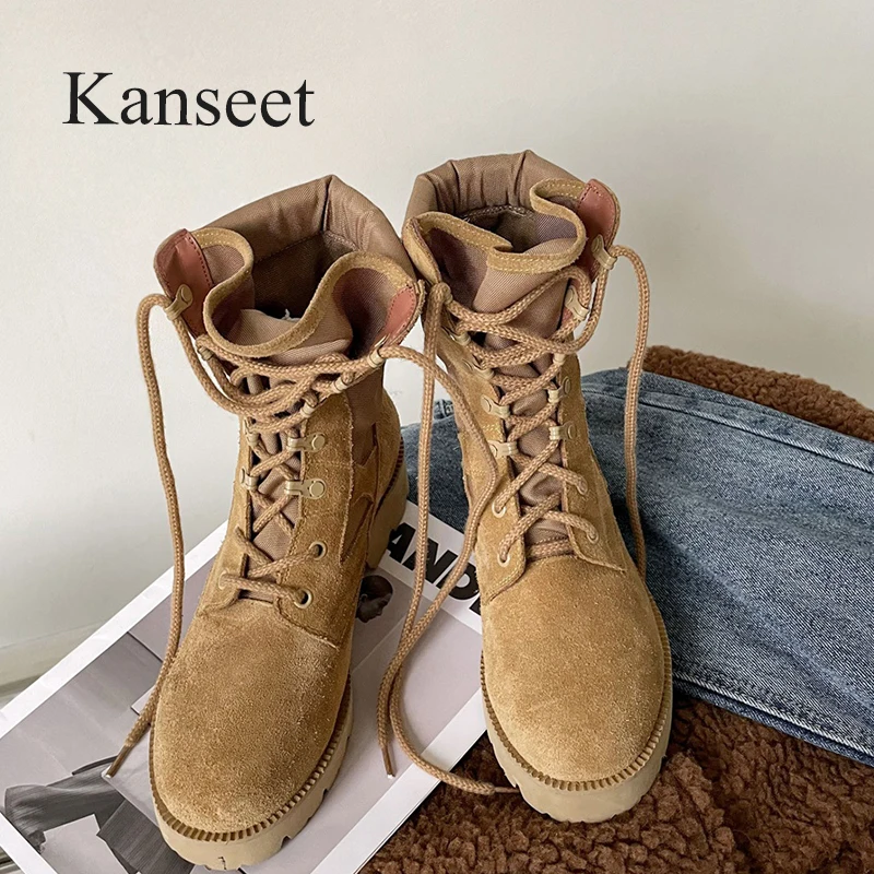 

Kanseet Fashion Women's Mid-Calf Boots 2021 New Autumn Winter Kid Suede Leather Patchwork Khaki Round Toe Mid Heels Short Boots