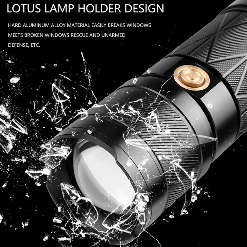 

XHP90 LED Torch Led flashlight camping Stylish Zoomable 5 switch Modes waterproof Built-in battery USB Rechargable