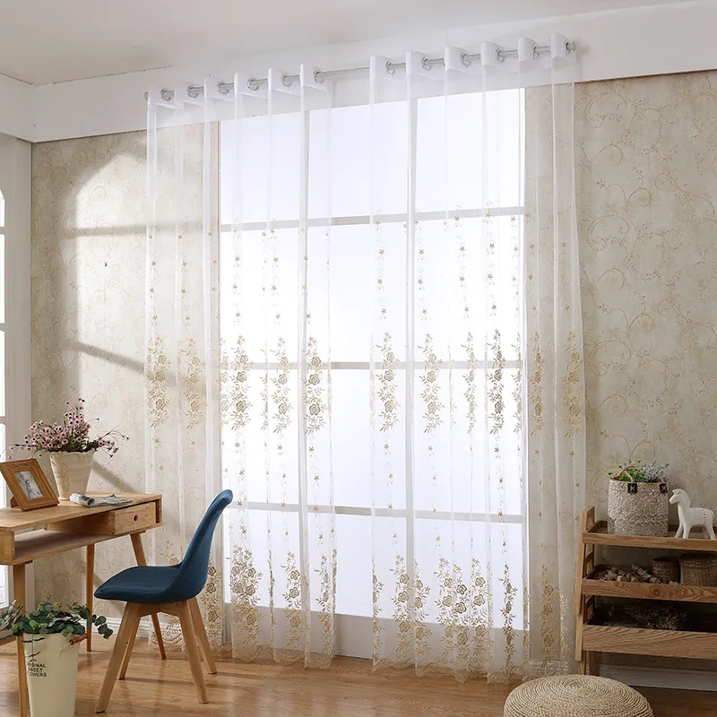 

Europe Gold Luxury Sheer Curtains Kitchen Beige Tulle Window Drapes Rose Embroidery Living Room Bedroom Decor