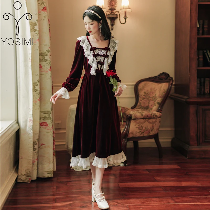 

YOSIMI 2021 осенне-зимнее винтажное красное бархатное лоскутное Сетчатое длинное платье до середины икры с V-образным вырезом и длинным рукавом ...