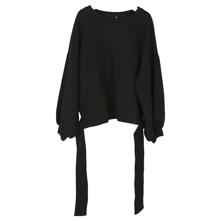 Clothes Womens Long Sleeve Top Cotton Pullovers Regular Bow Tie Lantern Round Neck Loose Sweater Female Two Color Spring | Женская