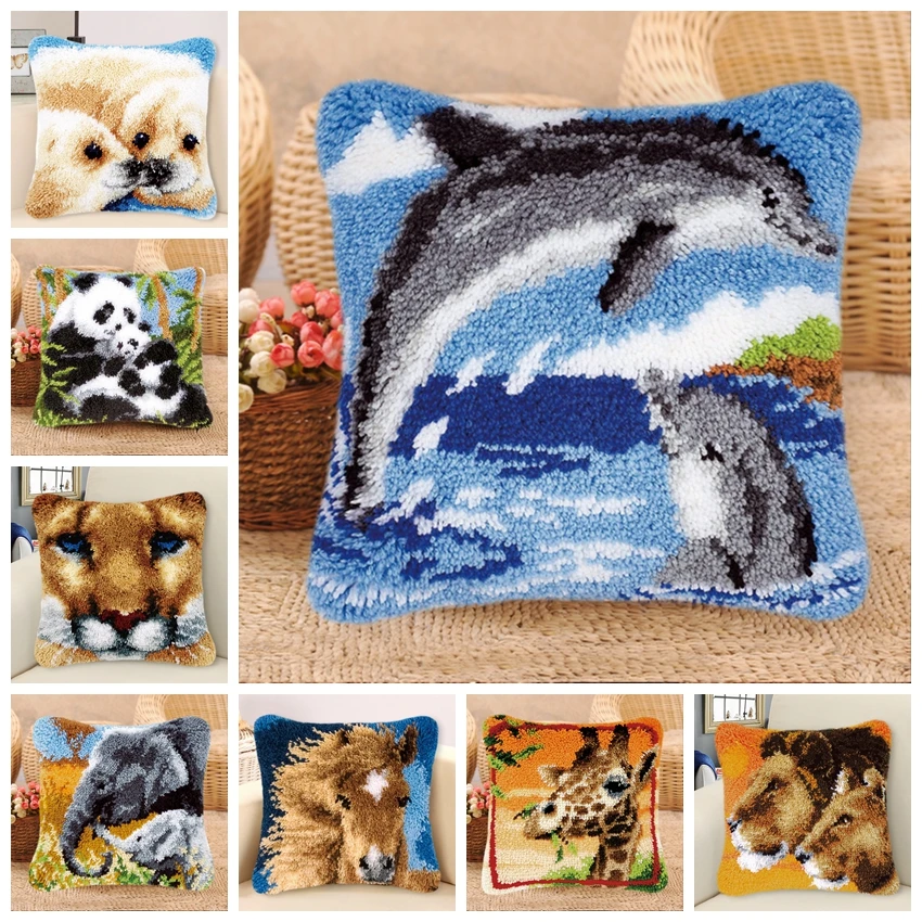 Cross Pillows Embroidery Package Pillow Kids Holiday Handmade Animal Series Cartoon DIY Dolphin Lion Latch Hook Kits Diy | Дом и сад