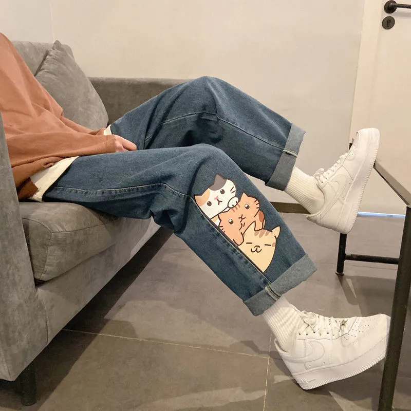 

Summer Women Long Trousers Cowboy Female Loose Denim Pants Cute Cartoon Cat Jeans Streetwear Anime Print Harajuku Kawaii Jeans