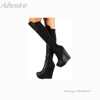 abesire new long women boots black splicing wedges high heel side zipper platform round toe knee high solid shoes zapatos mujer