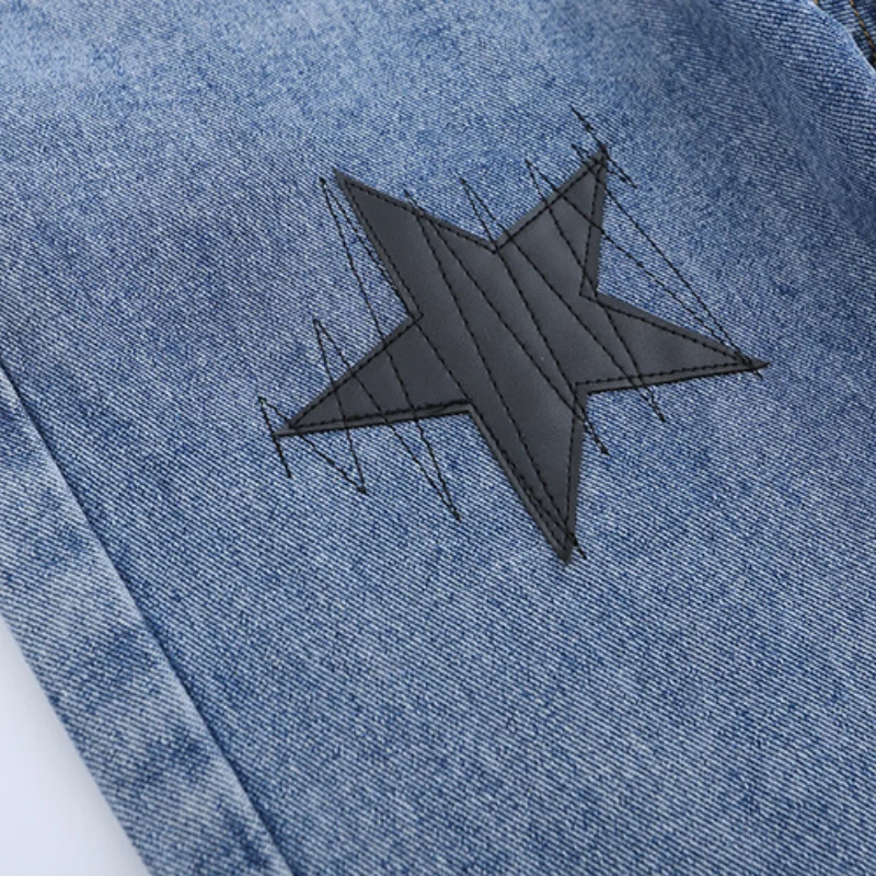 2021 Stylish Star Embroidery Distressed Washed Men Hip Hop Jeans Trousers Retro Casual Straight Women Denim Pants Pantalon Homme