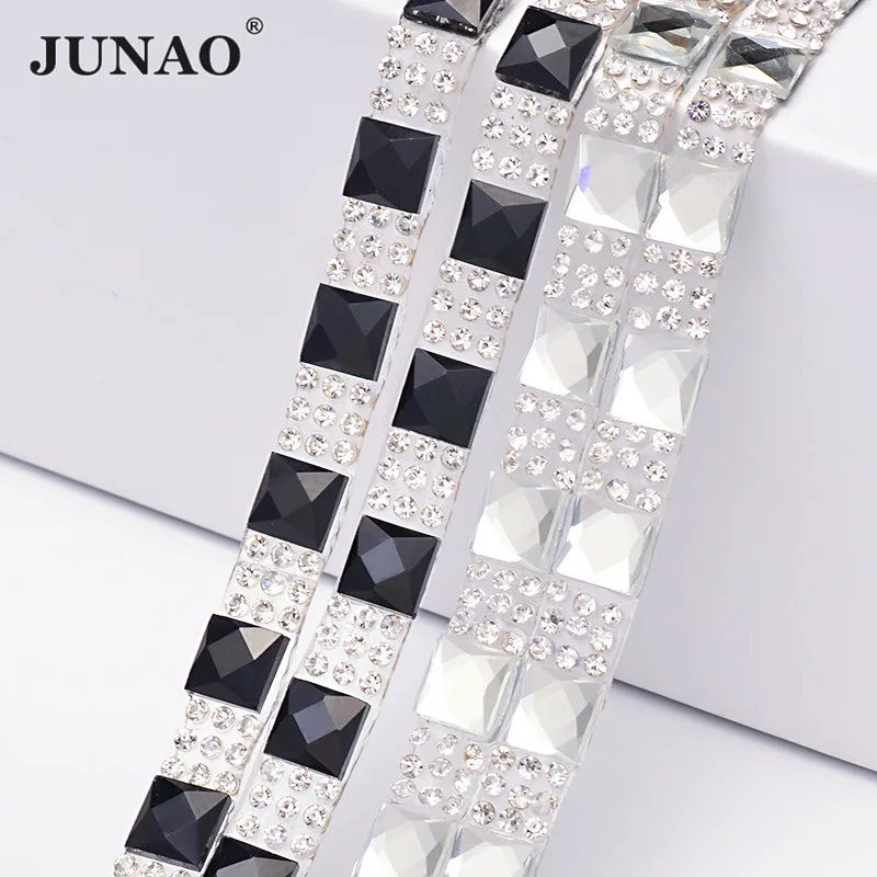 

JUNAO 5 Yard*8mm Clear Black Glass Rhinestones Trim Chain Hotfix Iron On Crystal Tape Ribbon Strass Banding for Clothes