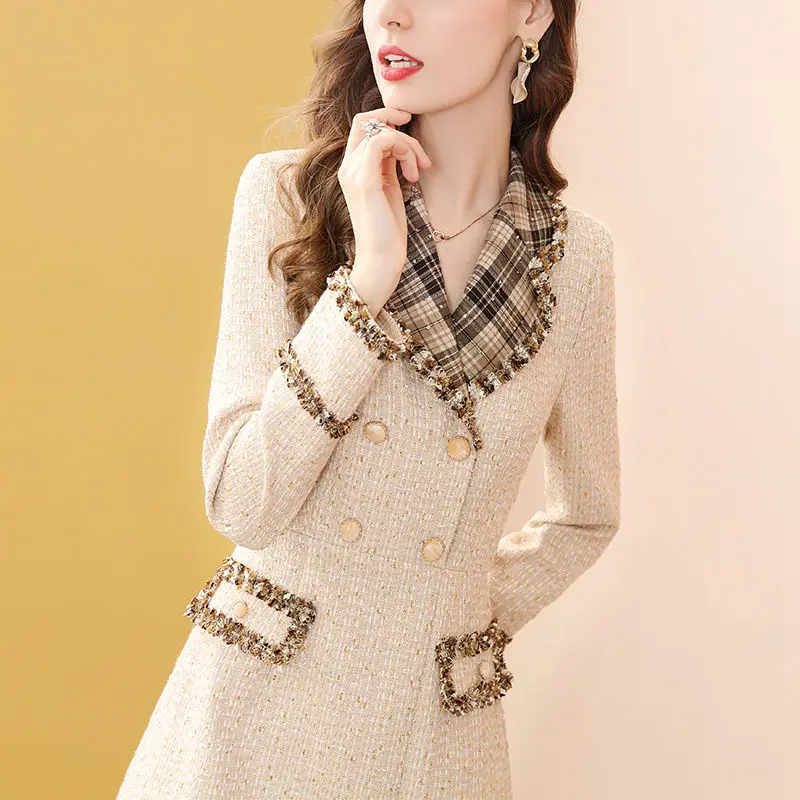 

Temperament Small Fragrant Style Suit Collar Dress Female Autumn and Winter New Simple Splicing Long-sleeved Thin Skirt