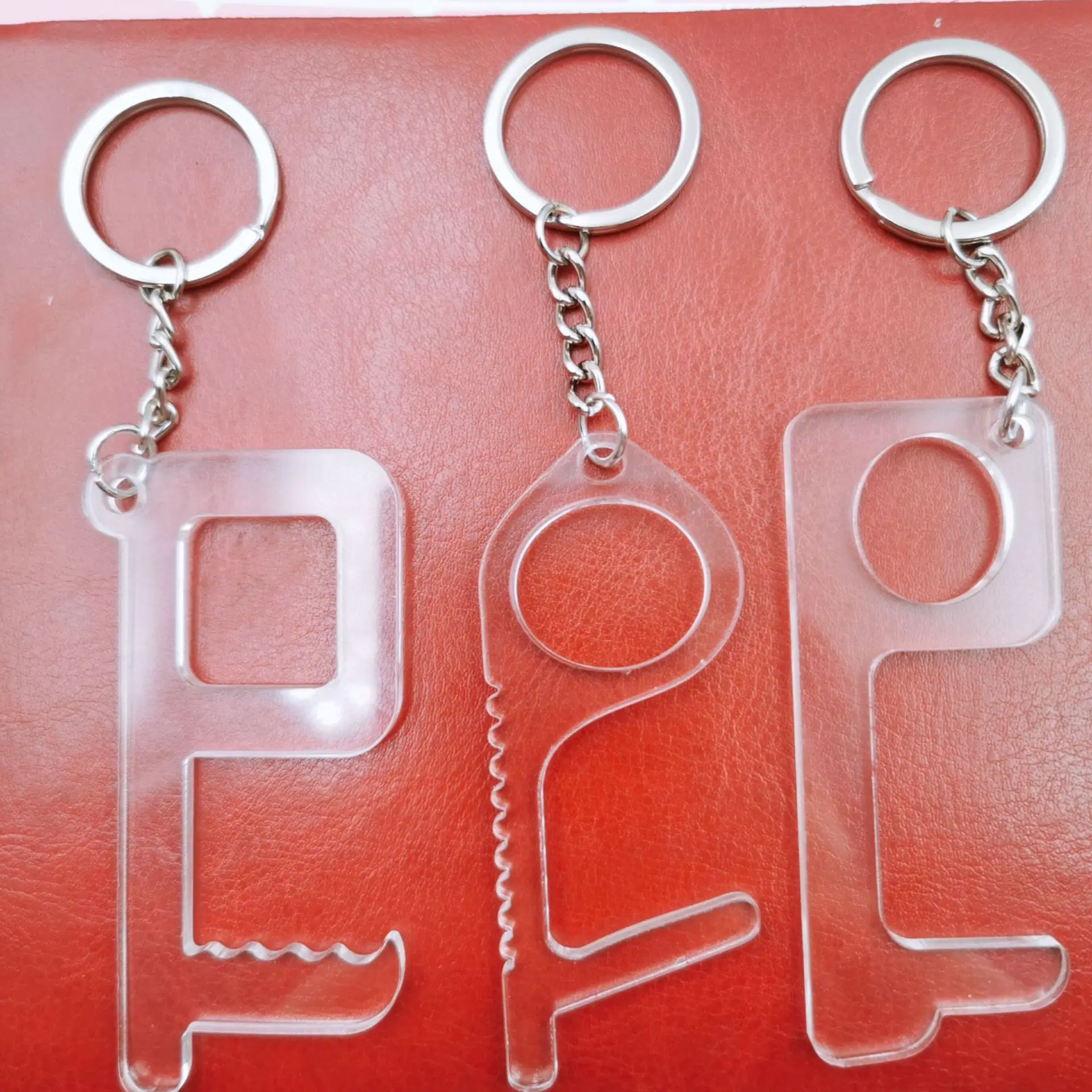 

Transparent Acrylic Non-Contact Key Chain Door Opener & Corkscrew Touchless Multi-function Bottle Opener Press Elevator Artifact