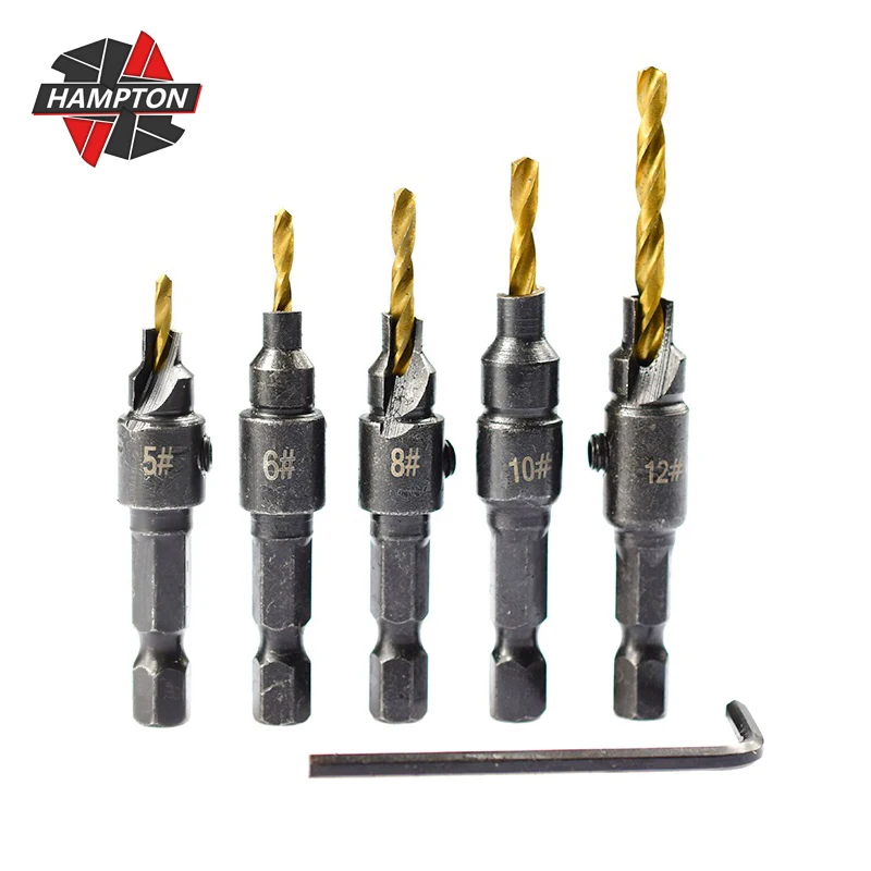 

Hampton HSS Carpentry Countersink Drill Bit Titanium Coated Hex Shank Twist Drill 5 Flutes Countersink Set For Woodworking