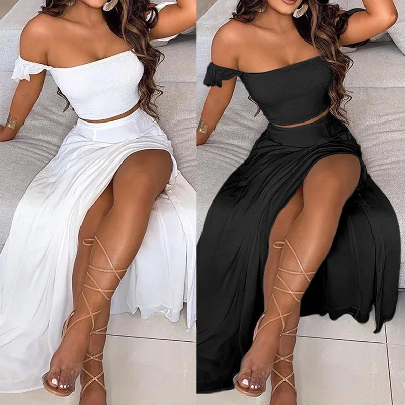 

Donsignet Woman Dress Sexy Fashion Summer Strapless Two-piece Dress Sexy & Club Solid Sleeveless Floor-Length White Dress