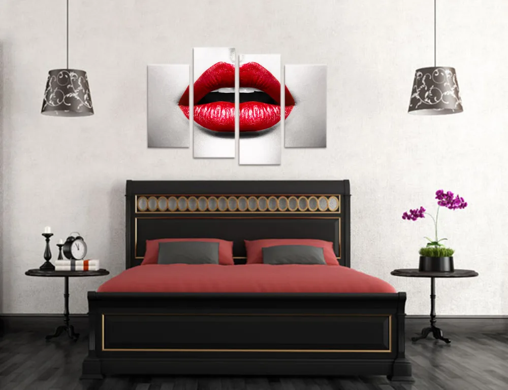 4 панели красные губы холст плакаты и принты для гостиной горячая женщина носит